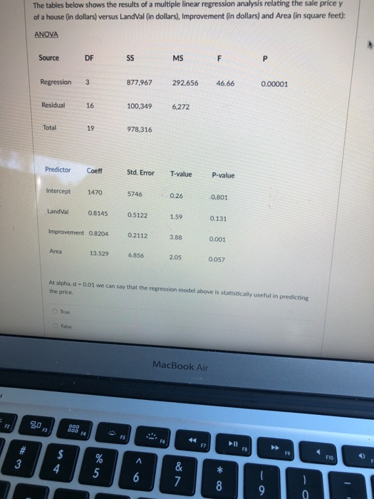 The tables below shows the results of a multiple linear regression analysis relating the sale price y of a house (in dollars) versus LandVal (in dollars), Improvement (in dollars) and Area (in square feet): MS Source DF 877,967292656 46.66 100,349 6,272 978,316 0.00001 Regression 3 Residual16 Total 19 Predictor CoeffStd. ErrorT-valueP-value Intercept 1470 5746 0.26 0801 LandVal08145 0.5122 1.59 Improvement 0.8204 0.2112 3.88 2.05 0.131 0.001 Area 13.529 6.856 0.057 At alpha, a - 0.01 we can say that the regression model above is statistically useful in predicting the price. MacBook Air F10