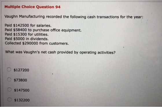 Multiple Choice Question 94 Vaughn Manufacturing recorded the following cash transactions for the year: Paid $142500 for sala