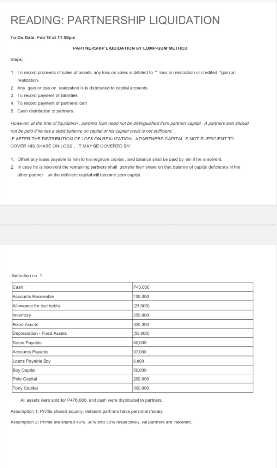 READING: PARTNERSHIP LIQUIDATION To-Do Date: Feb 18 at 11:59pm PARTNERSHIP LIQUIDATION BY LUMP-SUM METHOD Steps: 1. To record