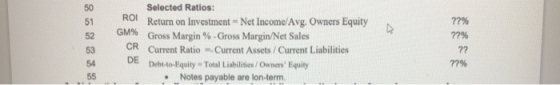 50 51 52 53 54 55 Selected Ratios: ROI Return on Investment = Net Income/Avg. Owners Equity GM% Gross Margin %-Gross Margin/N