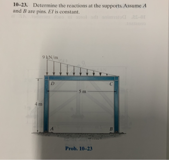 10-23. Determine the reactions at the supports. Assume A and B are pins. El is constant 9 kN/m Prob. 10-23