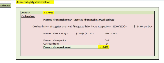 Answer is highlighted in yellow Solution: $ 17,000 Answer: Explanation: Planned idle capacity cost Expected Idle capacity x Overhead rate Overhead rate =(Budgeted overhead / Budgeted labor hours at capacity)-(85000/2500- $ 34.00 per DLH Planned idle Capacity = (2500)-(500*4) 500 hours Planned Idle capacity Overhead rate Planned Idle capacity cost 500 $34 $ 17,000