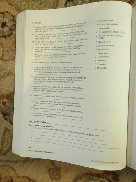 aTransminter ID h Claims clearinghouse e Downcoding d Esplanation of benefits (O e National Provider ldenni Section 2 10. o A