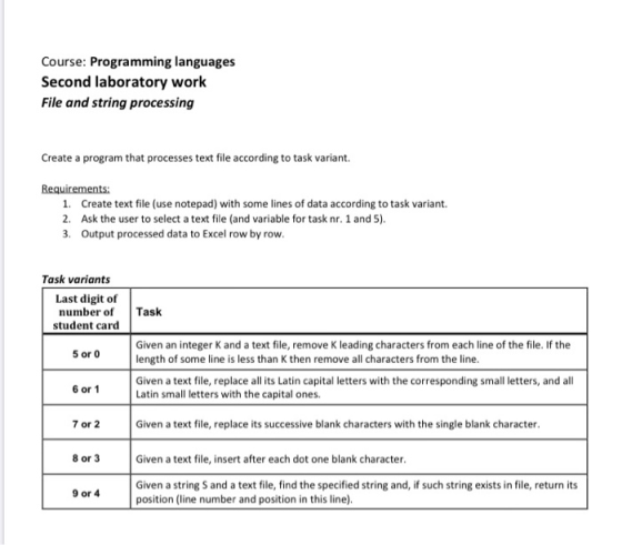 Course: Programming languages Second laboratory work File and string processing Create a program that processes text file acc