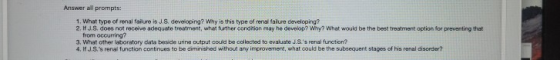 f Answer all prompts: 1. What type of renal faiure is J.S, deveioping? Why is this type of rensl falure developing? 2. If J.S