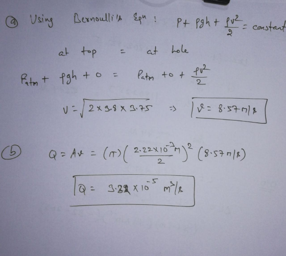 Lenoullis Sp! Using Pt Paht fv2 : constant hole at dat To Patm to t 2 Ritmt fgh + = Q=AM=(m2-23 16(5) 2