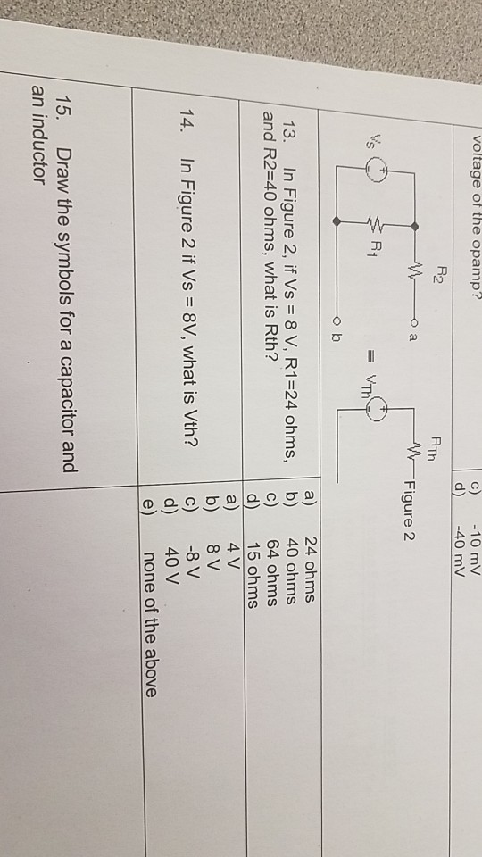 voltage of the opamp? c) -10 mV d) -40 mV 2 RTh o a W Figure 2 o b a) 24 ohms 13. In Figure 2, if Vs 8 V, R1-24 ohms, b) 40 ohms and R2=40 ohms, what is Rth? c) 64 ohms d) 15 ohms a) 4 V b) 8 V 14. In Figure 2 if Vs 8V, what is Vth?c) 8 V d) e) 40V none of the above 15. Draw the symbols for a capacitor and an inductor