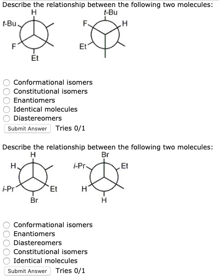 Describe the relationship between the following two molecules: -Bu t-Bu ✓ Conformational isomers O Constitutional isomers O E