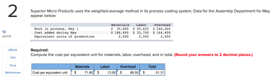 Superior Micro Products uses the weighted average method in its process costing system. Data for the Assembly Department for