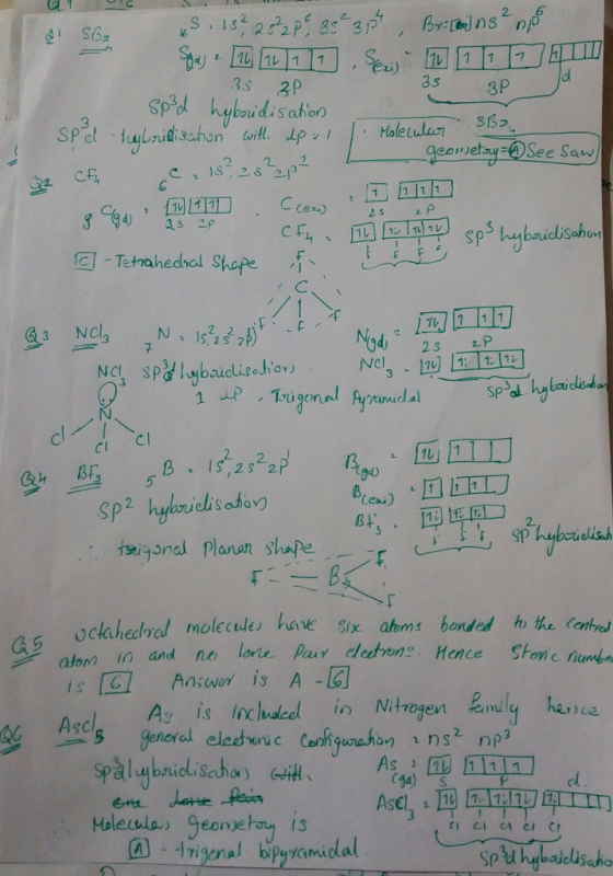 3s 3P Sp d hyboudis ation 3 geo eby See Se cl eu) Sp twiganal Planan shape clahedrel molecules ve six abems bonded to te Cenf