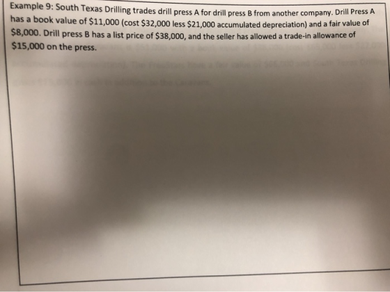 Example 9: South Texas Drilling trades drill press A for drill press B from another company. has a book value of $11,000 (cos