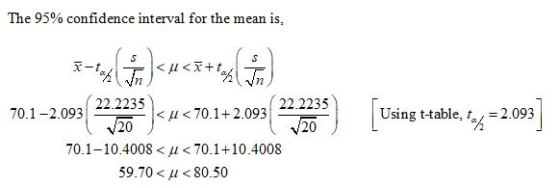 The 95% confidence interval for the mean is, 701–2003( 3234 ) « »<701+2003(2323) Using table ty=2.003] 70.1–10.4008 < u < 70.