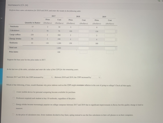 US Homework (Ch 24) Perform the same calculations for 2018 and 2019, and enter the results in the following table. 2017 2018