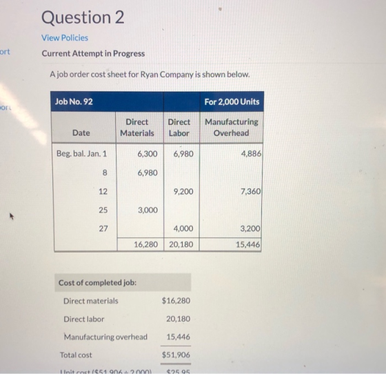 Question 2 View Policies Current Attempt in Progress ort A job order cost sheet for Ryan Company is shown below. Job No. 92 F