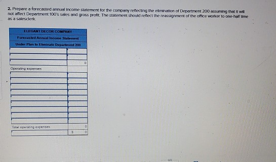 2. Prepare a forecasted annual Income Statement for the company relecting the ellmination of Department 200 assuming that it