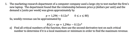 1. The marketing research department of a computer company used a large city to test market the firms new laptop. The depart