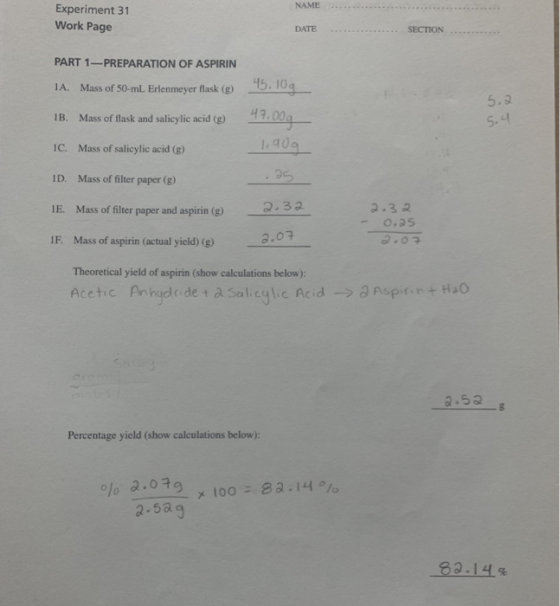 NAME Experiment 31 Work Page DATE SECTION PART 1-PREPARATION OF ASPIRIN 45. 104 1A. Mass of 50-mL Erlenmeyer flask (g) 5.2 43