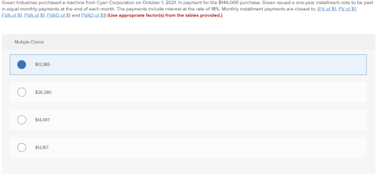 Green Industries purchased a machine from Cyan Corporation on October 1, 2021. In payment for the $146,000 purchase, Green is