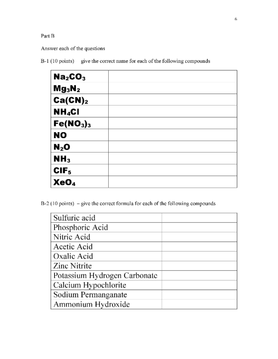 Part B Answer each of the questions B-1 (10 points) give the correct name for each of the following compounds Na2CO3 Mg3N2 Ca