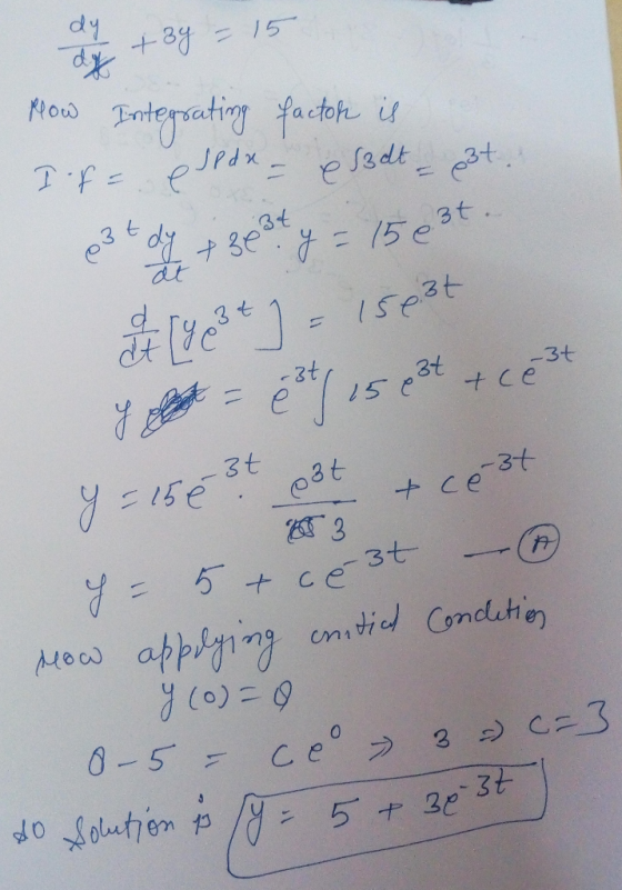 2 + 3y = 15 How Integrating factor is Inf= Jedx- & s3dt - p3t. e36 din + Besty = 15e3t. It [ye 3+ ] = 15e3t = 3t 15 8 3t + ce