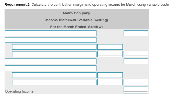 Requirement 2. Calculate the contribution margin and operating income for March using variable costir Metro Company Income St