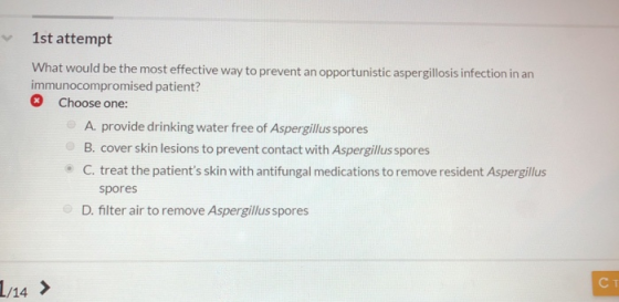 1st attempt What would be the most effective way to prevent an opportunistic aspergillosis infection in an immunocompromised