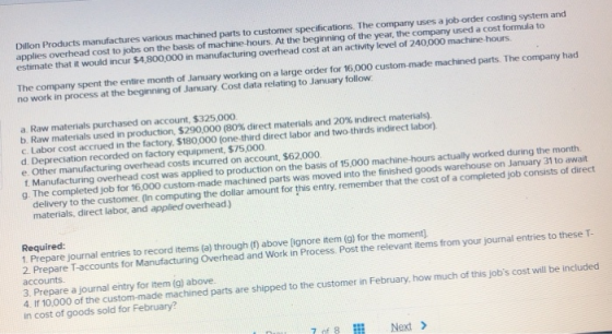 Dillon Products manufactures various machined parts to customer specifications. The company uses a job order costing system a