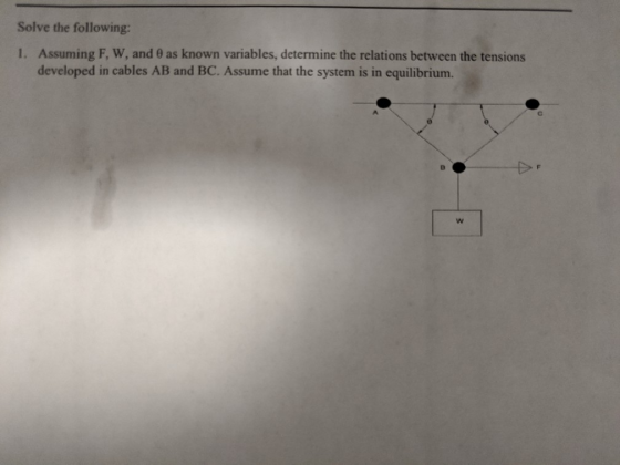 Solve the following: 1. Assuming F. W, and as known variables, determine the relations between the tensions developed in cabl