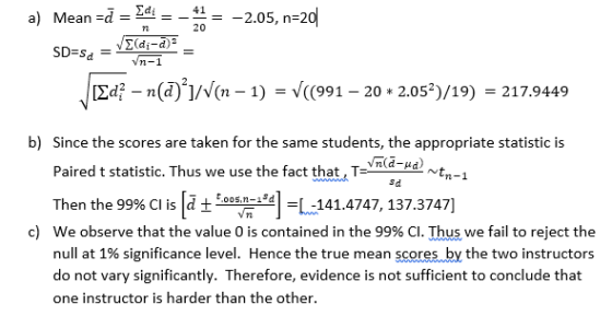 a) Mean =ă = Edi = -1 = -2.05, n=20|| SD=sa = V[(dj-)= = Ed – n(d)*]/(n − 1) = V((991 – 20 * 2.05%)/19) = 217.9449 Vold-ud) e