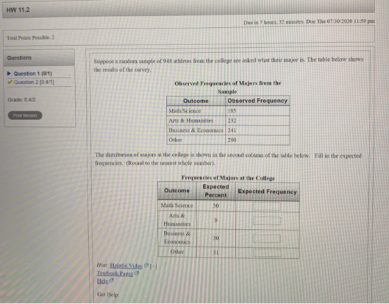 HW 11.2 Due in 7 hours. 32 minutes. Due Thu 07/30/2020 11:59 pm Total Points Possible: 2 Questions Suppose a random sample of
