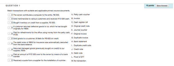 QUESTION 1 10 points Save Answer Match transactions with suitable and applicable primary source documents. - The owner contri