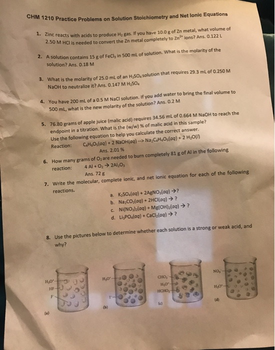 CHM 1210 Practice Problems 1210 Practice Problems on Solution Stoichiometry and Net Ionic Equations cinc reacts with acids to