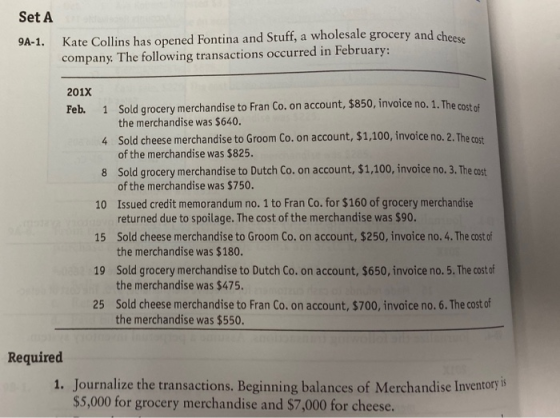 Set A 9A-1. Kate Collins has opened Fontina and Stuff, a wholesale grocery and cheese company. The following transactions occ