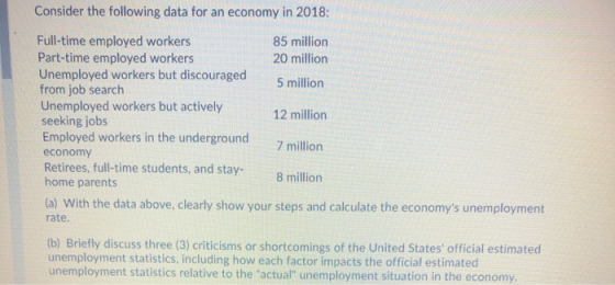 Consider the following data for an economy in 2018: Full-time employed workers Part-time employed workers Unemployed workers