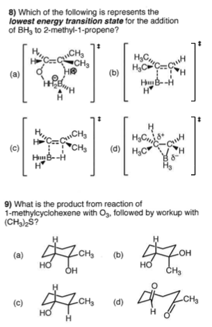 8) Which of the following is represents the lowest energy transition state for the addition of BH, to 2-methyl-1-propene? quC