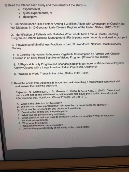 1) Read the title for each study and then identify if the study is: • experimental quasi-experimental, or descriptive. 1. Car