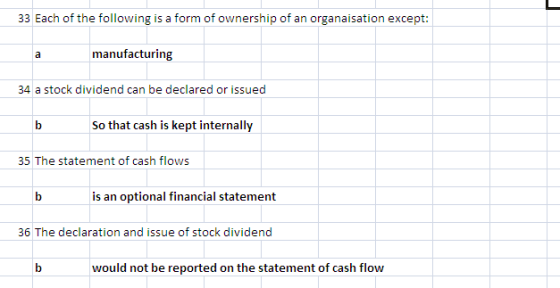 33 Each of the following is a form of ownership of an organaisation except manufacturing 34 a stock dividend can be declared or i ssued So that cash is kept internally 35 The statement of cash flows is an optional financial statement 36 The declaration and issue of stock dividend would not be reported on the statement of cash flow