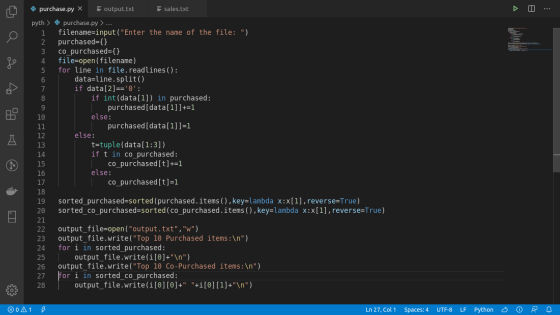 a of Good purchase.py X output.txt sales.txt pyth > purchase.py > ... 1 filename=input(Enter the name of the file: ); purch