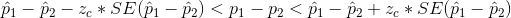 \hat{p}_1-\hat{p}_2-z_c*SE(\hat{p}_1-\hat{p}_2)<p_1-p_2<\hat{p}_1-\hat{p}_2+z_c*SE(\hat{p}_1-\hat{p}_2)