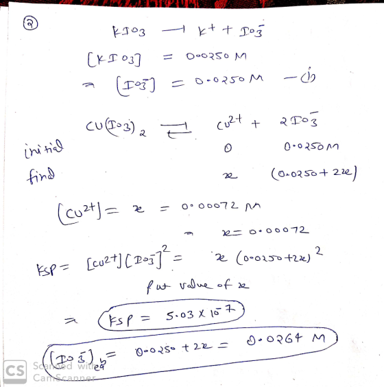 K103 - kt t Dog CKI 03] = 000250 M a (103) = 0.0250 M -0 initial Cu(Toy)2 = Co2+ + 2105 0 0.0250m final ze (0-0250+222) (Cuzt