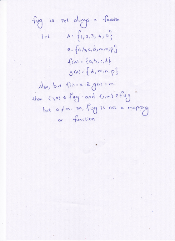 fug is not always a fuckton Let A {1,2,3,4,5} B: {a,b,c,d, minip} f(x) = {a,b,c,d} g (A) = {d, minip} Also, but fin= a & goi)