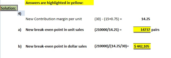 Answers are highlighted in yellow: Solution: New Contribution margin per unit (30) - (15+0.75) = 14.25 a) New break-even poin