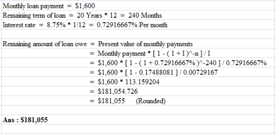 Monthly loan payment = $1,600 Remaining term of loan = 20 Years * 12 = 240 Months Interest rate = 8.75% * 1/12 = 0.72916667%