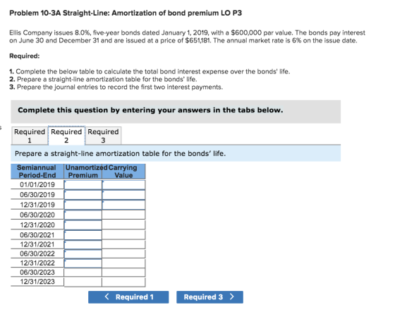 Problem 10-3A Straight-Line: Amortization of bond premium LO P3 Ellis Company issues 8.0%, five-year bonds dated January 1, 2
