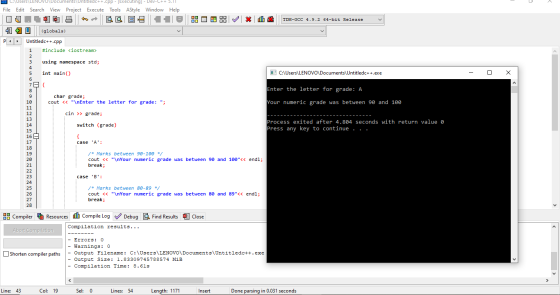 :: O .. ~ * dhe TDM-GCC 4.9.2 64-bit Release v C:\Users\LENOVU\Documents Untitledc++.cpp - [Executing) - Dev-C++ 5.11 File Ed