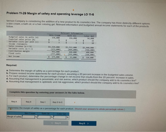 Problem 11-29 Margin of safety and operating leverage LO 11-6 Vernon Company is considering the addition of a new product to