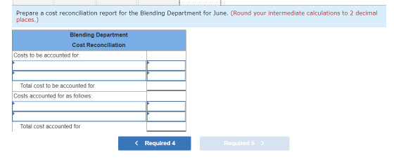 Prepare a cost reconciliation report for the Blending Department for June. (Round your intermediate calculations to 2 decimal