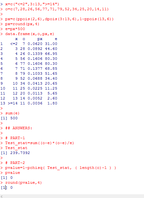 > x=c(<2, 3:13,>=14) o-c (7,28,26, 56,77,71,79,52,34,25,20,14,11) > px-c (ppois (2,6),dpois (3:13,6),1-ppois (13, 6)) >