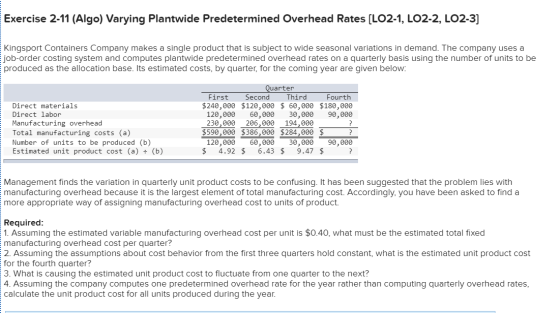 Exercise 2-11 (Algo) Varying Plantwide Predetermined Overhead Rates (LO2-1, LO2-2, LO2-3] Kingsport Containers Company makes