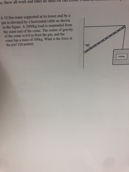 U s: Show all work and label all units TUI TUIT UILUIL. TUMI u A 10.0m crane supported at its lower end by a pin is elevated